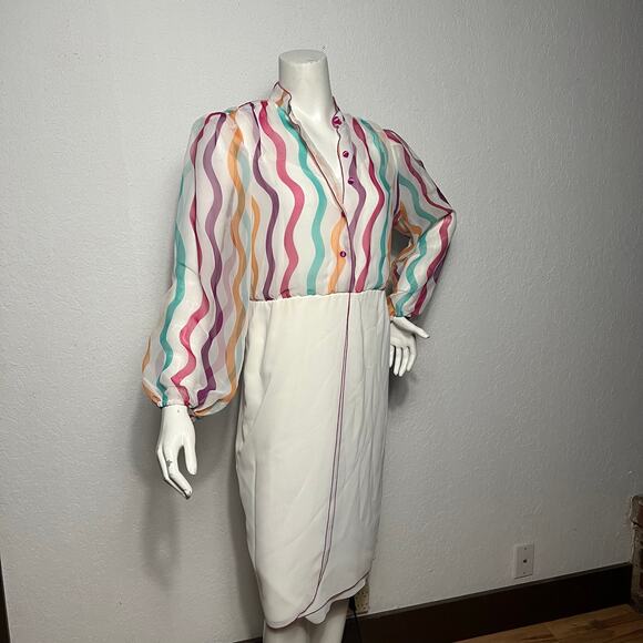 VINTAGE 80s Pat Richards Striped Chiffon Wrap Skirt Dress Sheer Rainbow Size 12 - Picture 1 of 8